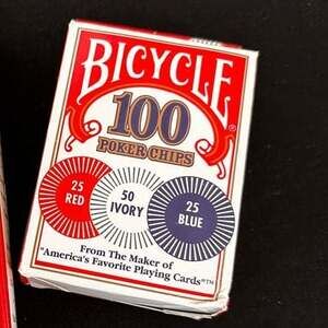 Bicycle 100 Count Poker Chips Red, Ivory, Blue Casino-Style Interlocking Plastic